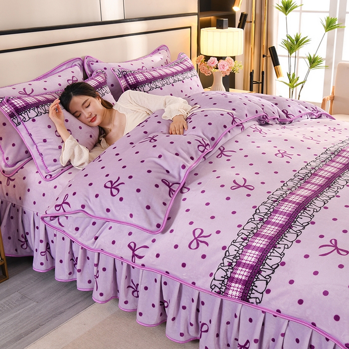 91家纺网 家纺一手货源 找家纺 雨洋2025新款加厚保暖8.5斤牛奶绒金貂婴儿绒四件套 蝴蝶结紫