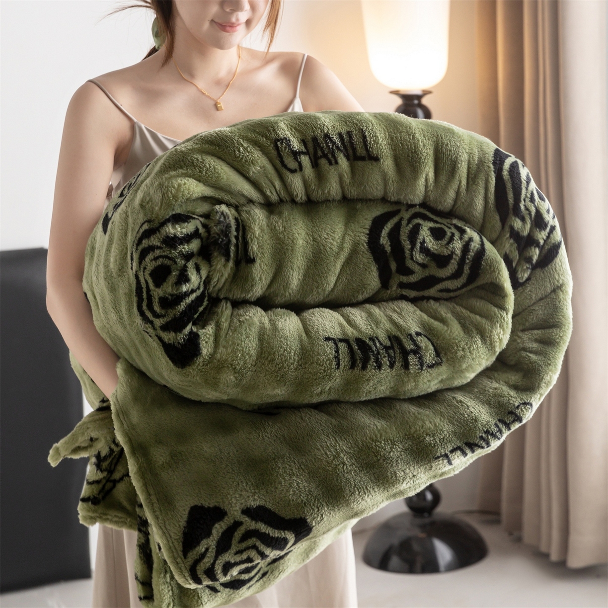 91家纺网 家纺一手货源 找家纺 安琪家纺 2025新款爆品temu希音TK350g山茶花仿兔毛绒毯休闲大泡泡毯跨境外贸出口  山茶花-绿