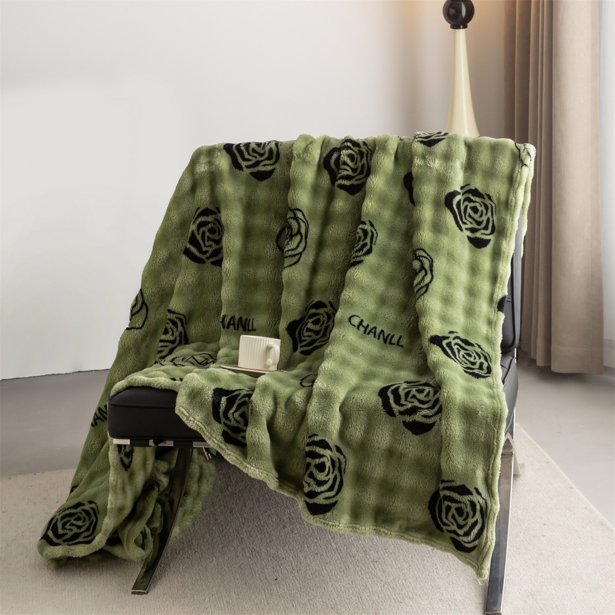 91家纺网 家纺一手货源 找家纺 安琪家纺 2025新款爆品temu希音TK350g山茶花仿兔毛绒毯休闲大泡泡毯跨境外贸出口  山茶花-绿