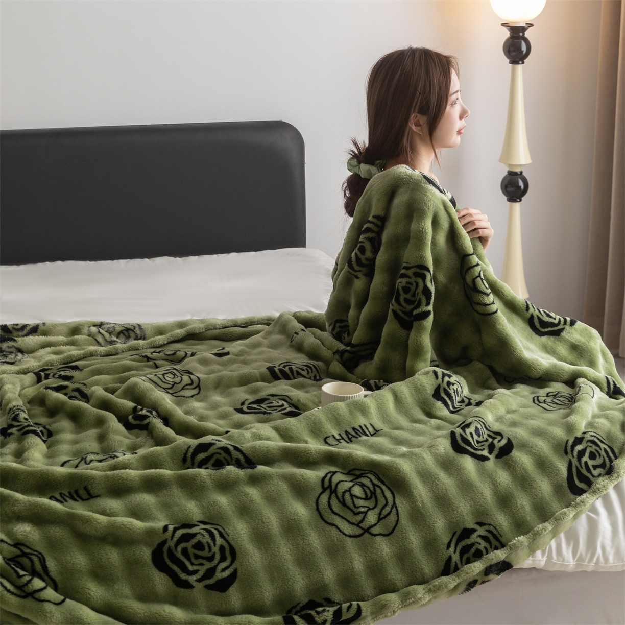 91家纺网 家纺一手货源 找家纺 安琪家纺 2025新款爆品temu希音TK350g山茶花仿兔毛绒毯休闲大泡泡毯跨境外贸出口  山茶花-绿