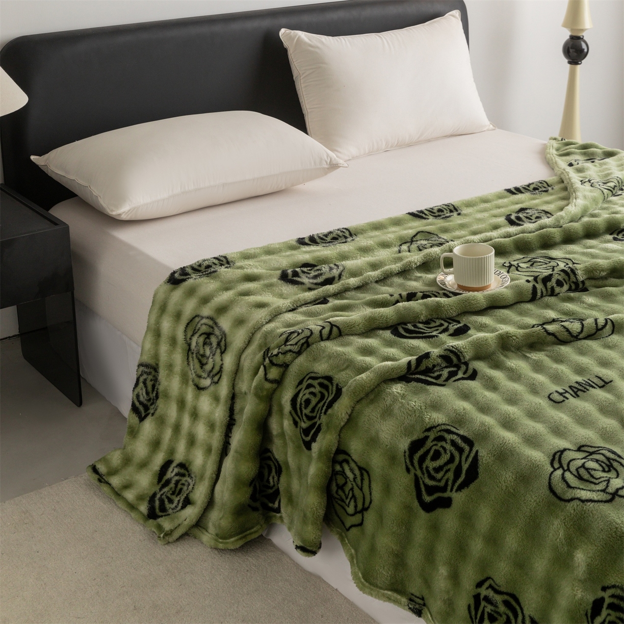 91家纺网 家纺一手货源 找家纺 安琪家纺 2025新款爆品temu希音TK350g山茶花仿兔毛绒毯休闲大泡泡毯跨境外贸出口  山茶花-绿