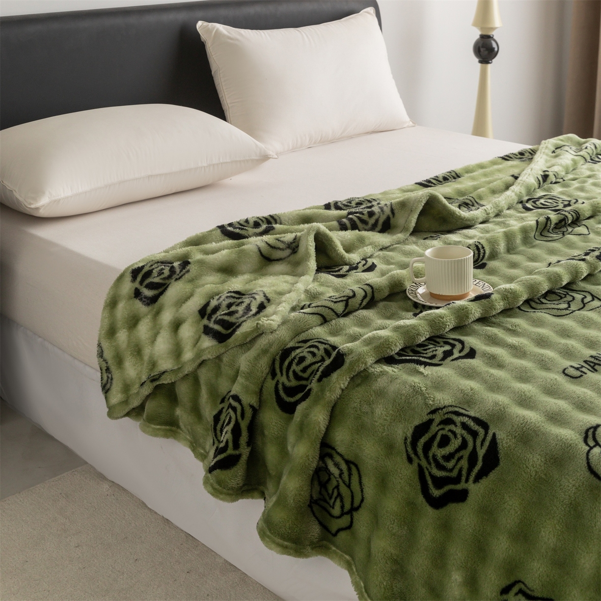 91家纺网 家纺一手货源 找家纺 安琪家纺 2025新款爆品temu希音TK350g山茶花仿兔毛绒毯休闲大泡泡毯跨境外贸出口  山茶花-绿