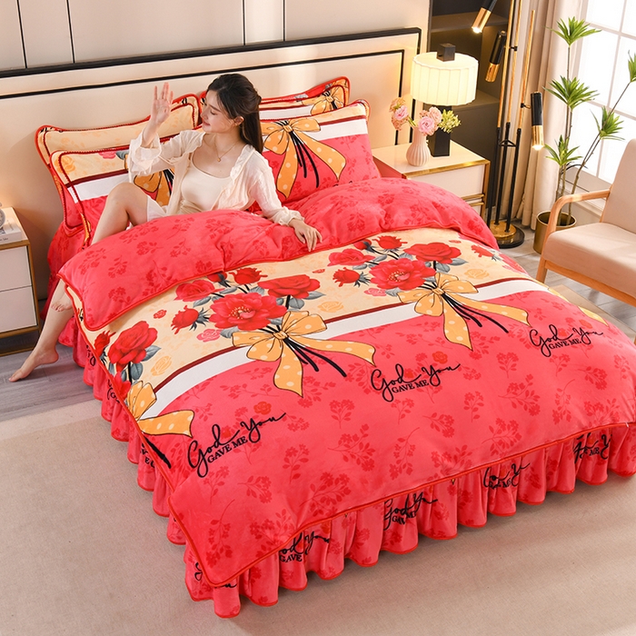 91家纺网 家纺一手货源 找家纺 雨洋2025新款加厚保暖8.5斤牛奶绒金貂婴儿绒四件套 玫瑰花语