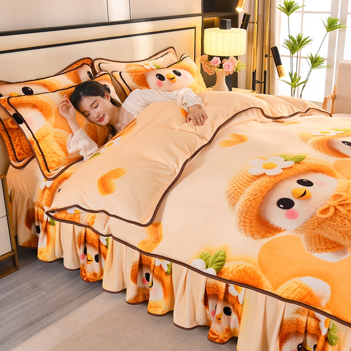 91家纺网 家纺一手货源 找家纺 雨洋2025新款加厚保暖8.5斤牛奶绒金貂婴儿绒四件套 萌萌鸡仔