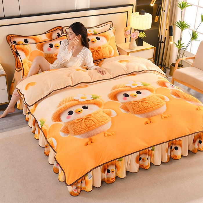 91家纺网 家纺一手货源 找家纺 雨洋2025新款加厚保暖8.5斤牛奶绒金貂婴儿绒四件套 萌萌鸡仔