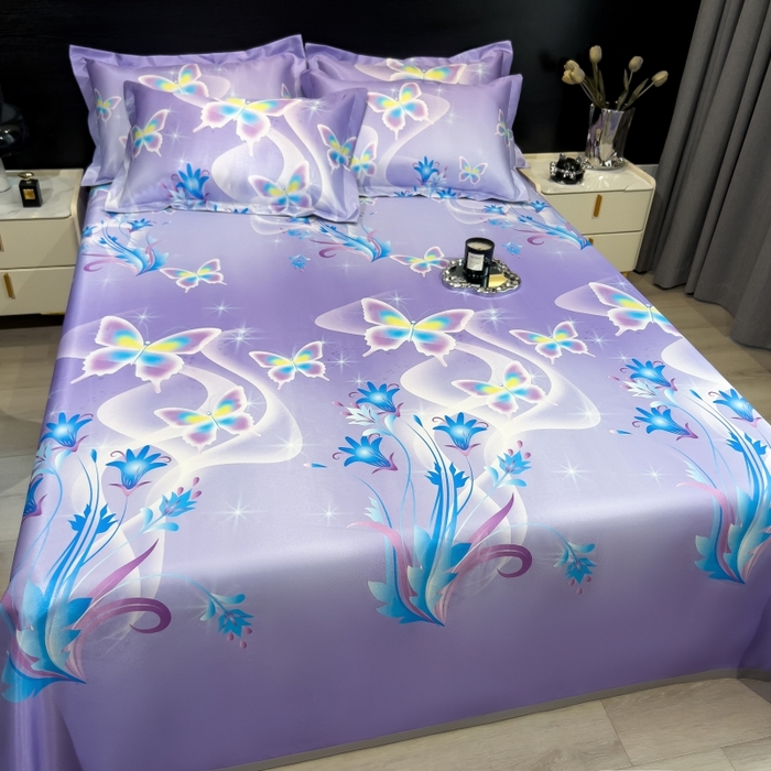 91家纺网 家纺一手货源 找家纺 梵克保罗 2025新款冰丝凉席床单款凉席三件套 紫色蝶海