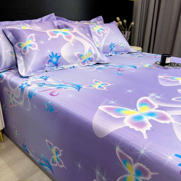 91家纺网 家纺一手货源 找家纺 梵克保罗 2025新款冰丝凉席床单款凉席三件套 紫色蝶海