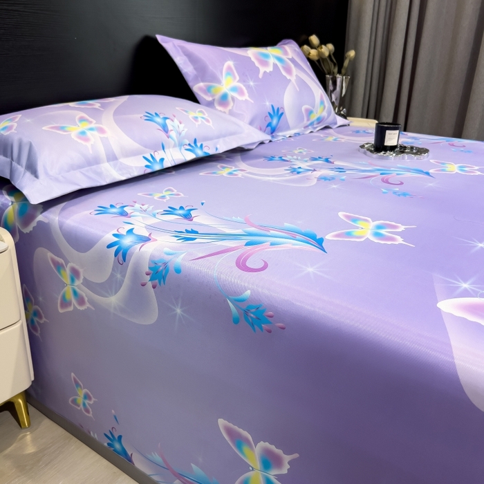 91家纺网 家纺一手货源 找家纺 梵克保罗 2025新款冰丝凉席床单款凉席三件套 紫色蝶海