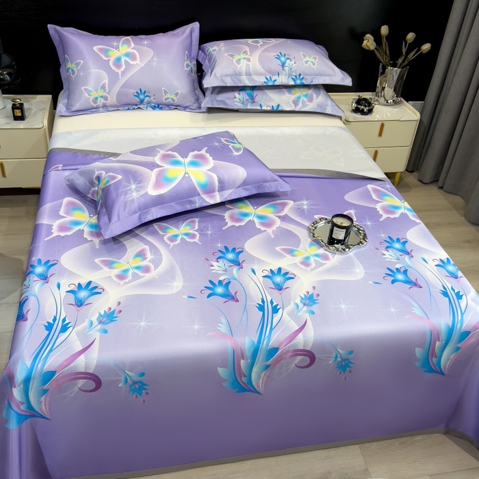 91家纺网 家纺一手货源 找家纺 梵克保罗 2025新款冰丝凉席床单款凉席三件套 紫色蝶海