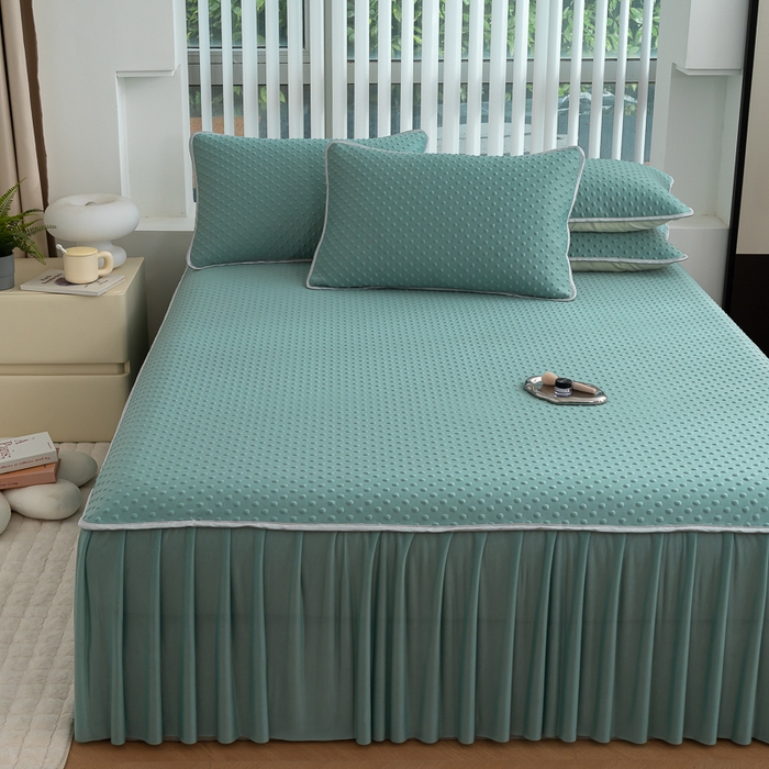 91家纺网 家纺一手货源 找家纺 梵克保罗 2025新款3D直播网红热款凉感丝冰豆豆三明治复合床裙款凉席三件套 果绿