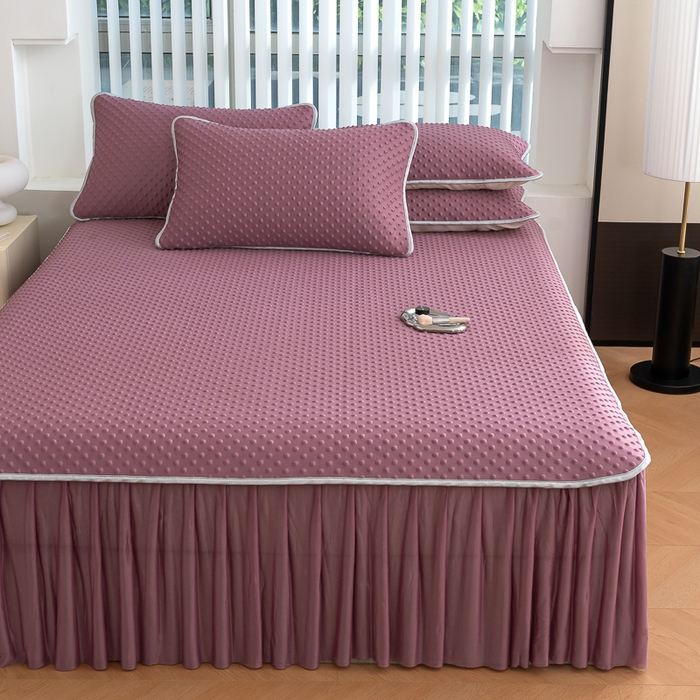 91家纺网 家纺一手货源 找家纺 梵克保罗 2025新款3D直播网红热款凉感丝冰豆豆三明治复合床裙款凉席三件套 香芋紫