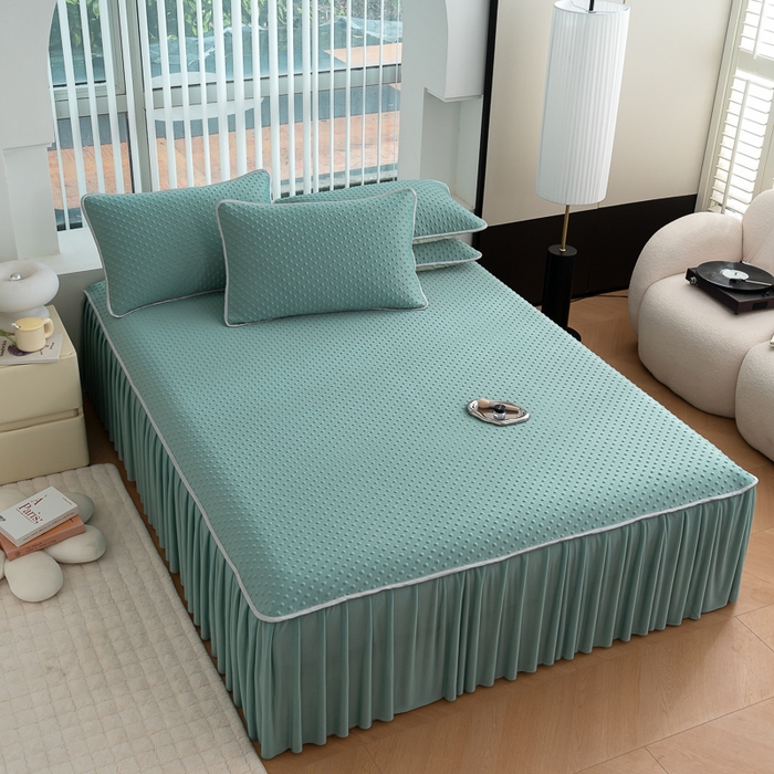 91家纺网 家纺一手货源 找家纺 梵克保罗 2025新款3D直播网红热款凉感丝冰豆豆三明治复合床裙款凉席三件套 果绿