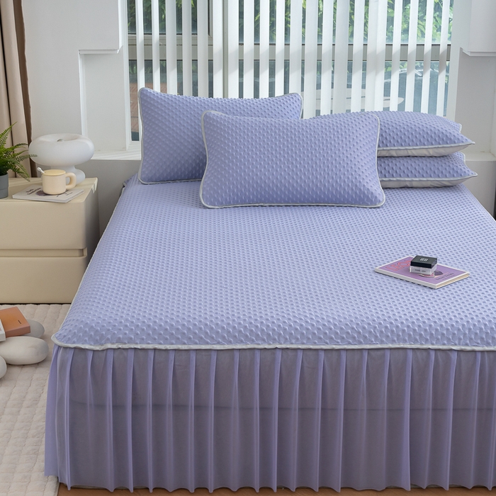 91家纺网 家纺一手货源 找家纺 梵克保罗 2025新款3D直播网红热款凉感丝冰豆豆三明治复合床裙款凉席三件套 熏衣紫