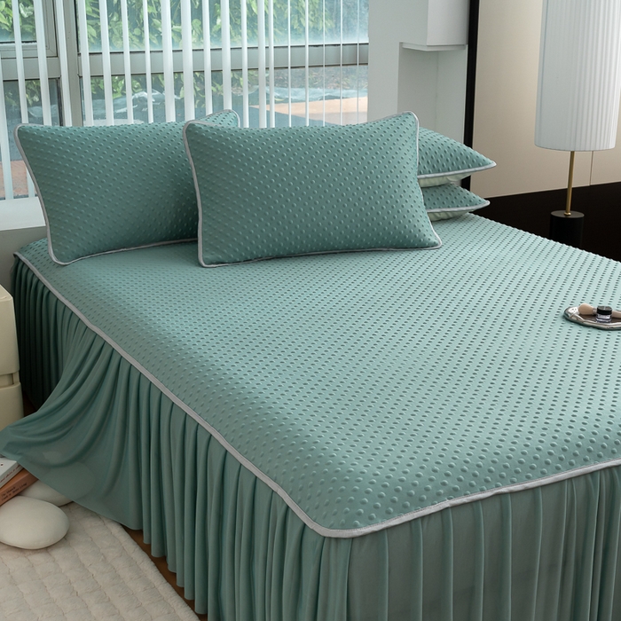 91家纺网 家纺一手货源 找家纺 梵克保罗 2025新款3D直播网红热款凉感丝冰豆豆三明治复合床裙款凉席三件套 果绿