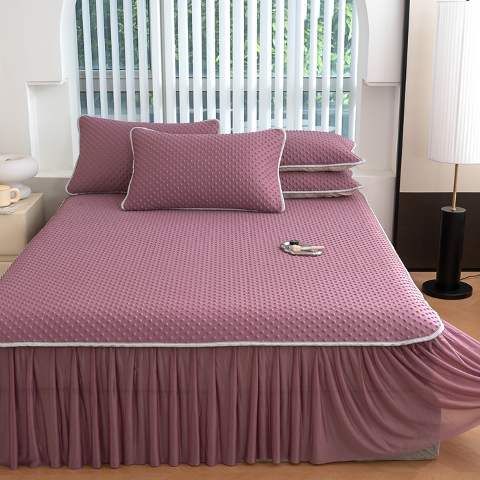 91家纺网 家纺一手货源 找家纺 梵克保罗 2025新款3D直播网红热款凉感丝冰豆豆三明治复合床裙款凉席三件套 香芋紫