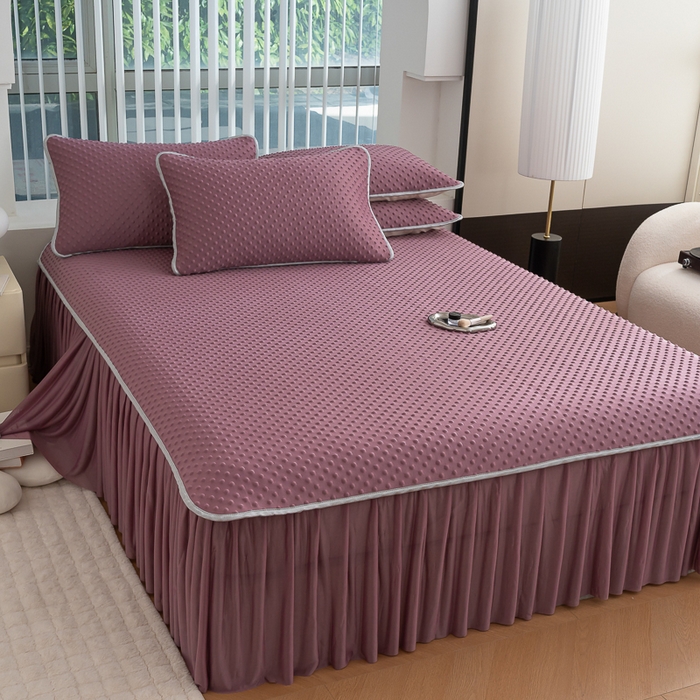 91家纺网 家纺一手货源 找家纺 梵克保罗 2025新款3D直播网红热款凉感丝冰豆豆三明治复合床裙款凉席三件套 香芋紫