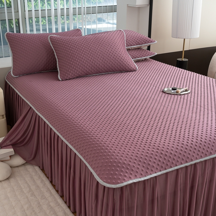 91家纺网 家纺一手货源 找家纺 梵克保罗 2025新款3D直播网红热款凉感丝冰豆豆三明治复合床裙款凉席三件套 香芋紫