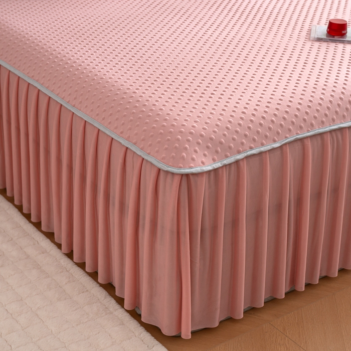 91家纺网 家纺一手货源 找家纺 梵克保罗 2025新款3D直播网红热款凉感丝冰豆豆三明治复合床裙款凉席三件套 时尚粉