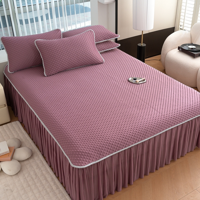 91家纺网 家纺一手货源 找家纺 梵克保罗 2025新款3D直播网红热款凉感丝冰豆豆三明治复合床裙款凉席三件套 香芋紫