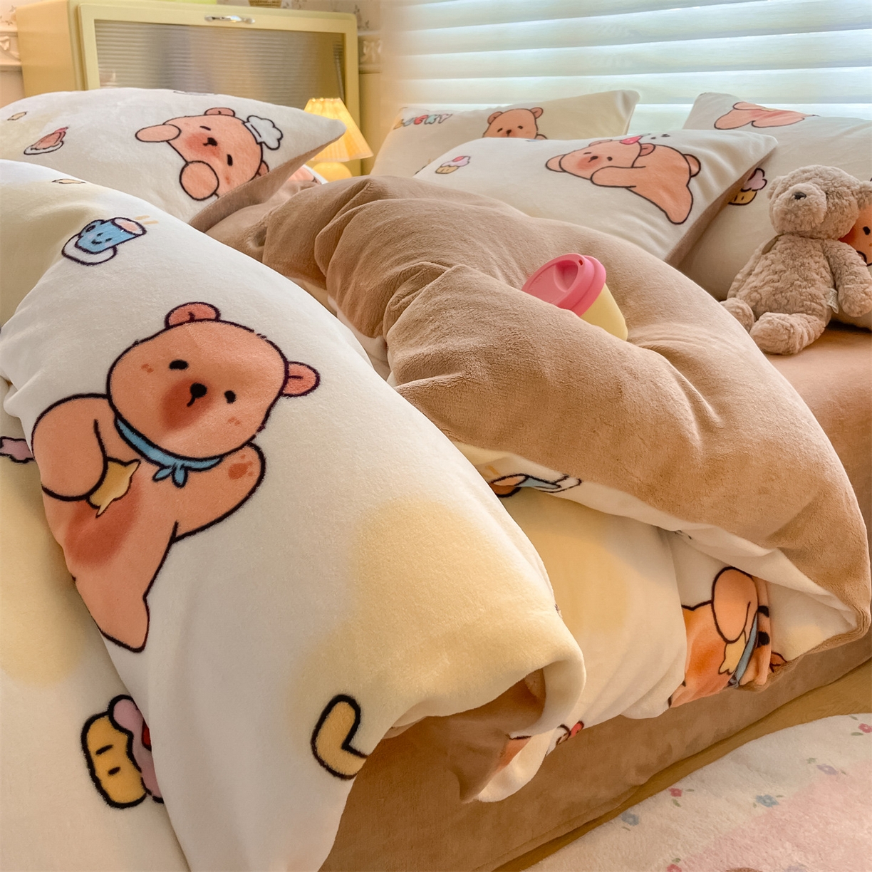 美澳家纺 2025新款190克加厚牛奶绒印花四件套 可爱吧啦