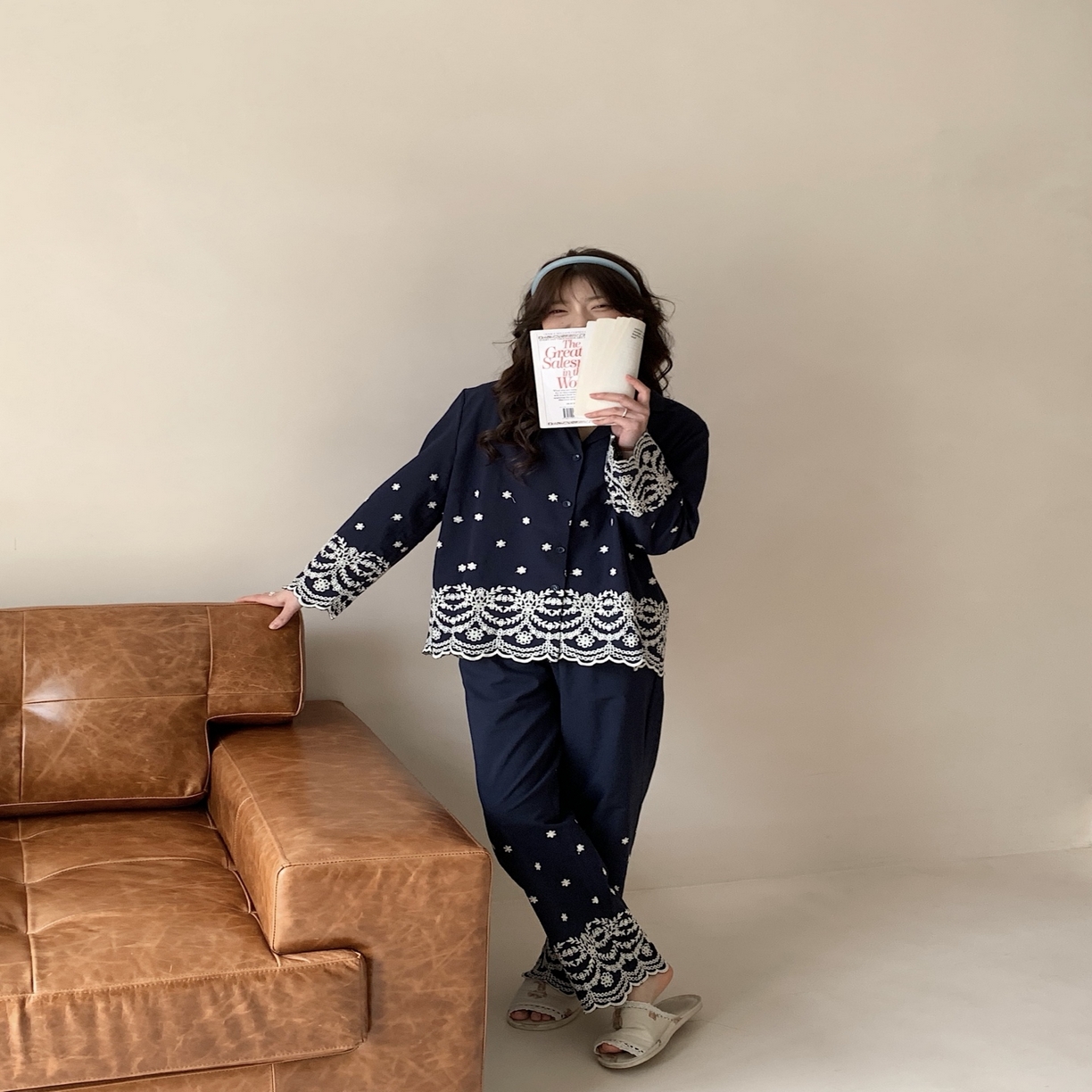 妍景家居生活馆 韩系25057-刺绣衬衫翻领套装 藏青