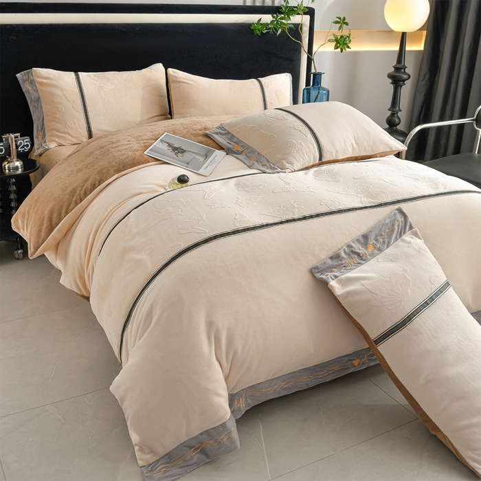 妮恒美家纺 2025新款刺绣婴儿绒工艺四件套-艾琳系列 艾琳-白奶咖