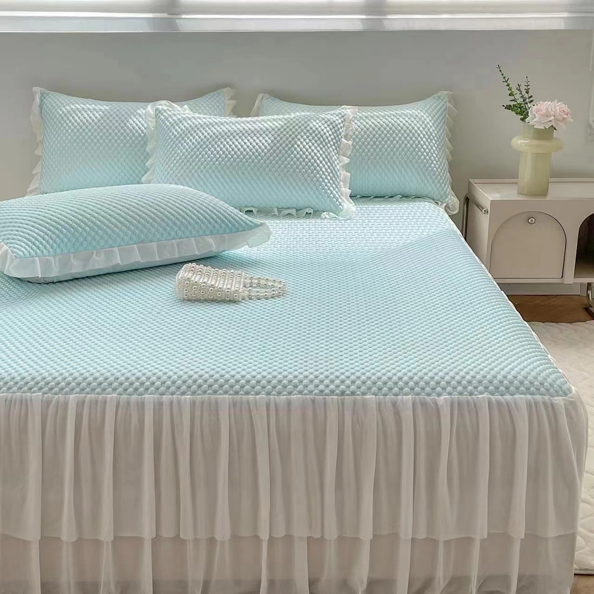 梵克保罗 2025新款蕾丝花边床单款凉豆豆快速冰感凉席三件套 豆豆浅绿