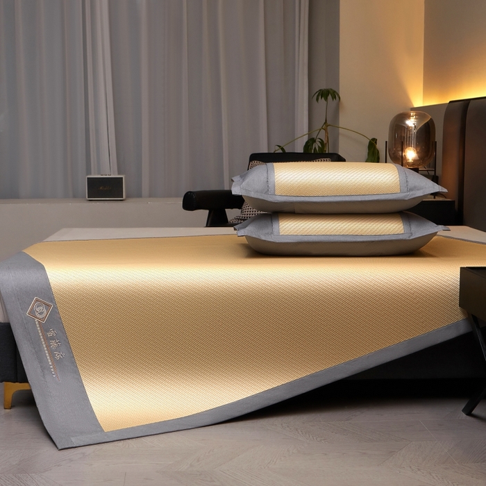 91家纺网 家纺一手货源 找家纺 梵克保罗 2025新款pe材质雪藤席凉席三件套 柠檬黄