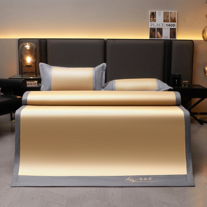 91家纺网 家纺一手货源 找家纺 梵克保罗 2025新款pe材质雪藤席凉席三件套 柠檬黄