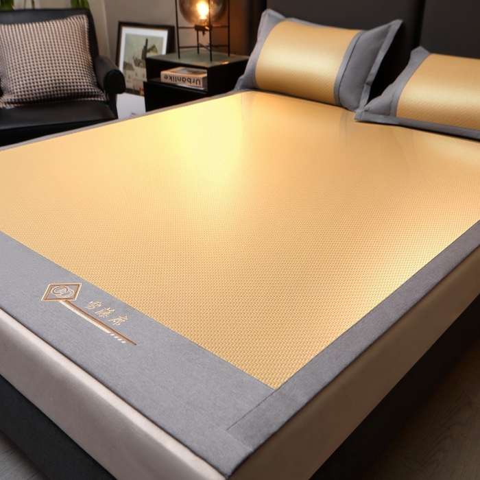 91家纺网 家纺一手货源 找家纺 梵克保罗 2025新款pe材质雪藤席凉席三件套 柠檬黄