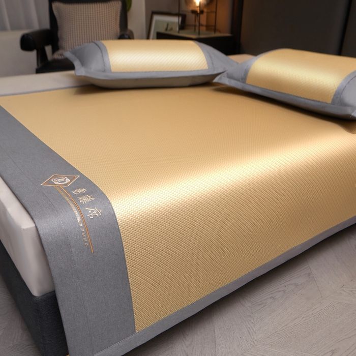 91家纺网 家纺一手货源 找家纺 梵克保罗 2025新款pe材质雪藤席凉席三件套 柠檬黄