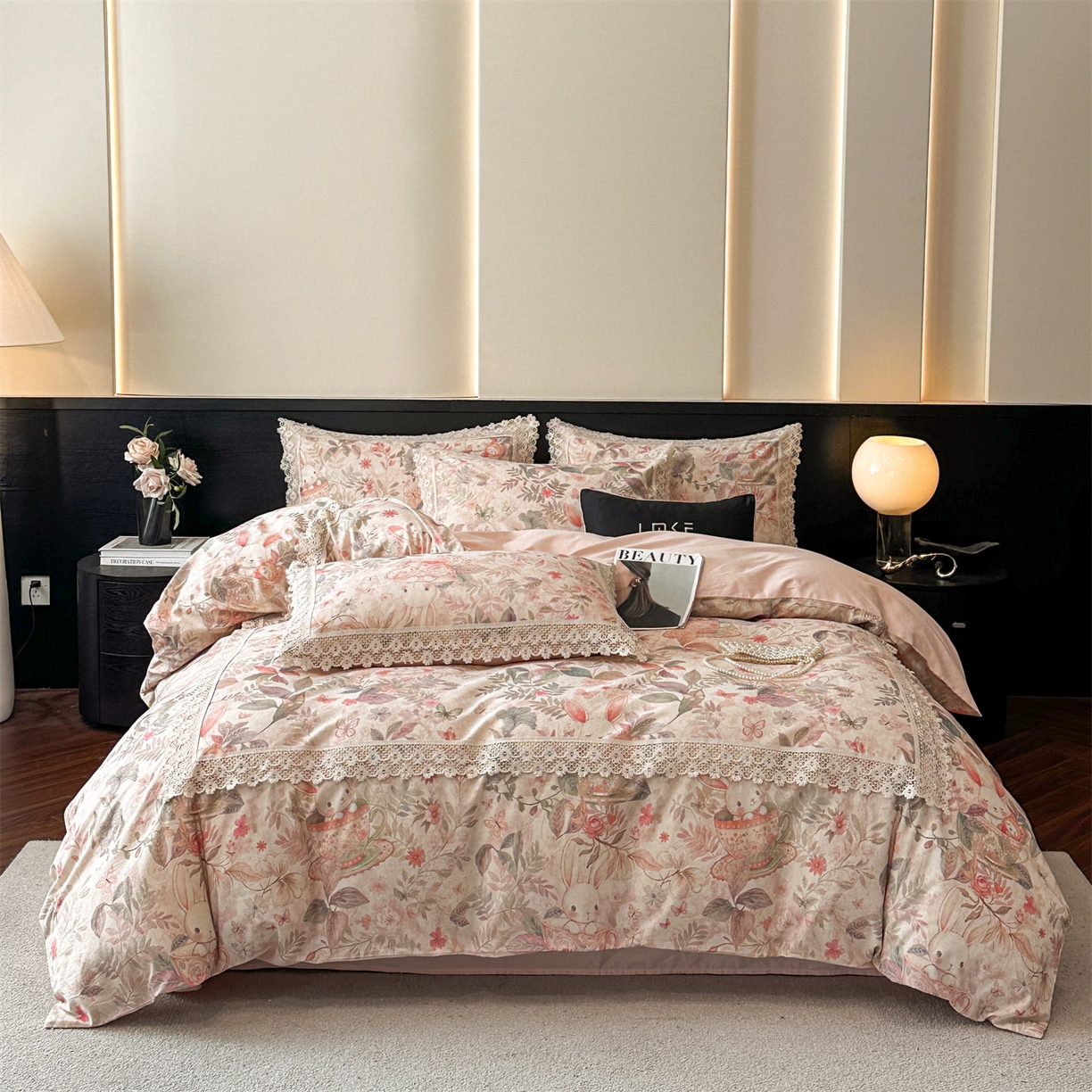 91家纺网 家纺一手货源 找家纺 蓝米卡夫 2025秋冬-A类棉麻全棉数码印花50S*50S双股磨毛公主风系列（礼盒包装）【如需买家秀联系15996631948】  茶间萌兔