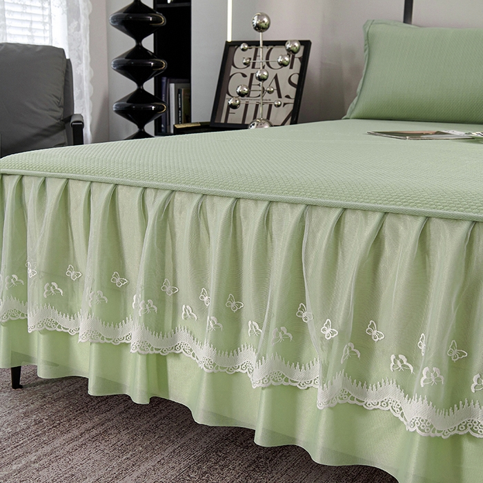 91家纺网 家纺一手货源 找家纺 梵克保罗 2025新款7A抗菌母婴级纯乙纶PE刺绣凉感丝豆豆席 床裙款 床裙款 浪花-水绿