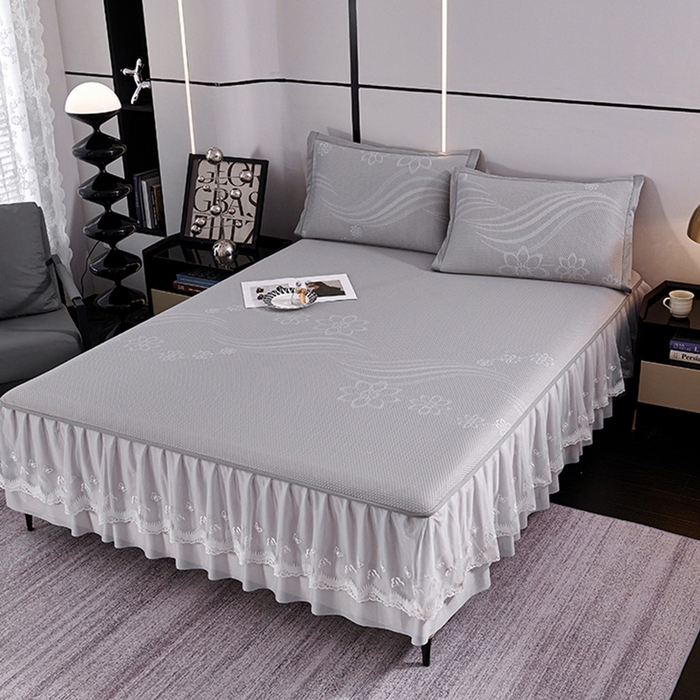 91家纺网 家纺一手货源 找家纺 梵克保罗 2025新款7A抗菌母婴级纯乙纶PE刺绣凉感丝豆豆席 床裙款 床裙款 浪花-灰