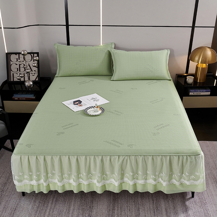 91家纺网 家纺一手货源 找家纺 （总）梵克保罗 2025新款7A抗菌母婴级纯乙纶PE刺绣凉感丝豆豆席 床裙款