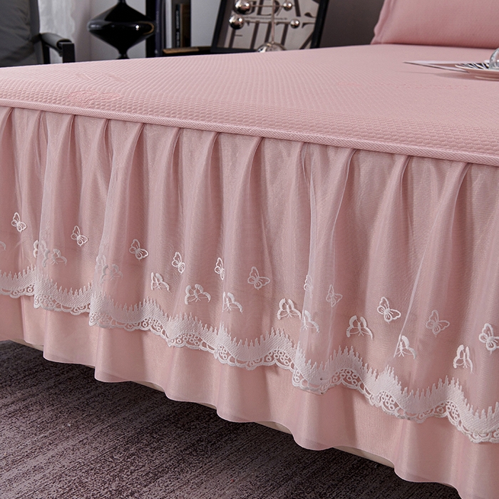 91家纺网 家纺一手货源 找家纺 梵克保罗 2025新款7A抗菌母婴级纯乙纶PE刺绣凉感丝豆豆席 床裙款 床裙款 字母爱心-粉