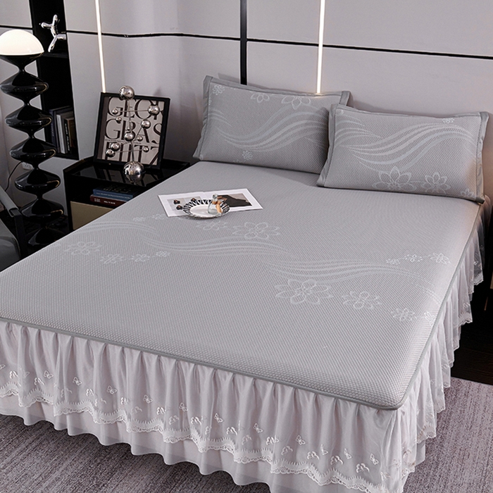 91家纺网 家纺一手货源 找家纺 梵克保罗 2025新款7A抗菌母婴级纯乙纶PE刺绣凉感丝豆豆席 床裙款 床裙款 浪花-灰