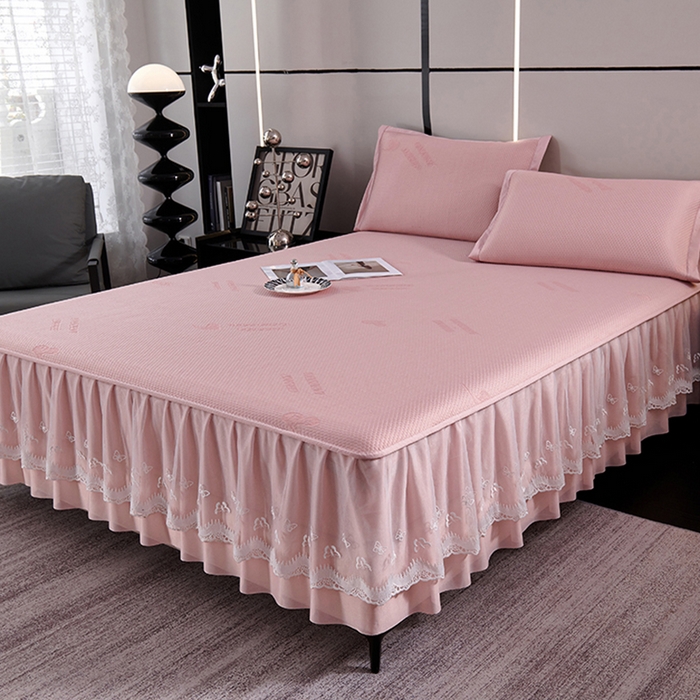 91家纺网 家纺一手货源 找家纺 梵克保罗 2025新款7A抗菌母婴级纯乙纶PE刺绣凉感丝豆豆席 床裙款 床裙款 字母爱心-粉