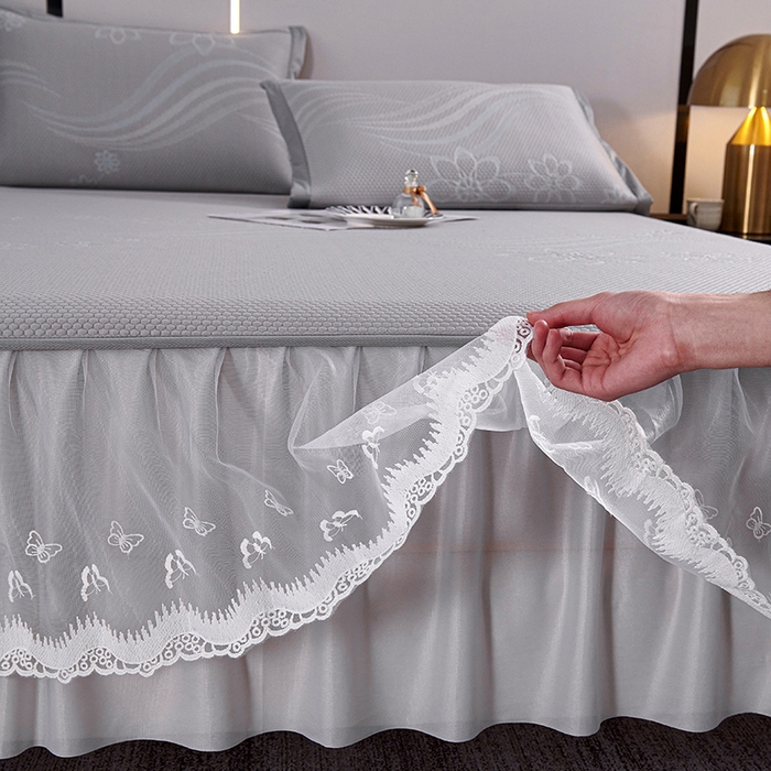 91家纺网 家纺一手货源 找家纺 梵克保罗 2025新款7A抗菌母婴级纯乙纶PE刺绣凉感丝豆豆席 床裙款 床裙款 浪花-灰