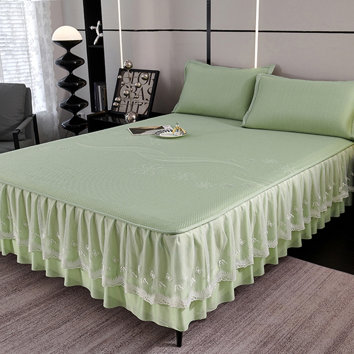 91家纺网 家纺一手货源 找家纺 梵克保罗 2025新款7A抗菌母婴级纯乙纶PE刺绣凉感丝豆豆席 床裙款 床裙款 浪花-水绿