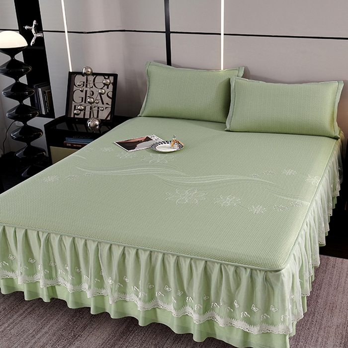 91家纺网 家纺一手货源 找家纺 梵克保罗 2025新款7A抗菌母婴级纯乙纶PE刺绣凉感丝豆豆席 床裙款 床裙款 浪花-水绿