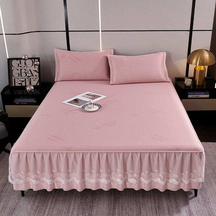 梵克保罗 2025新款7A抗菌母婴级纯乙纶PE刺绣凉感丝豆豆席 床裙款 床裙款 字母爱心-粉