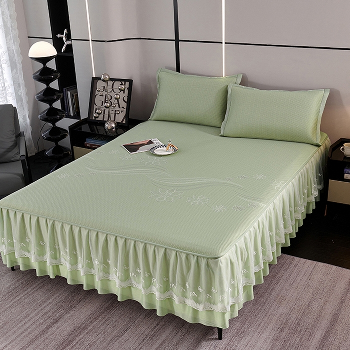 91家纺网 家纺一手货源 找家纺 梵克保罗 2025新款7A抗菌母婴级纯乙纶PE刺绣凉感丝豆豆席 床裙款 床裙款 浪花-水绿