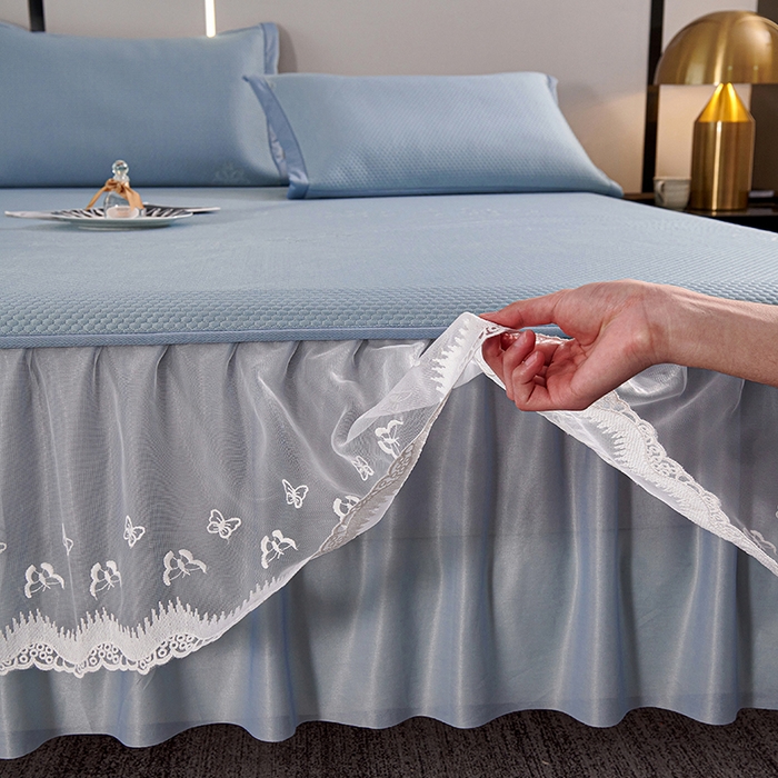 91家纺网 家纺一手货源 找家纺 梵克保罗 2025新款7A抗菌母婴级纯乙纶PE刺绣凉感丝豆豆席 床裙款 床裙款 浪花-蓝