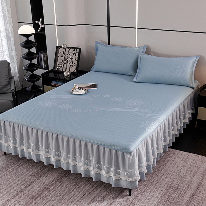 91家纺网 家纺一手货源 找家纺 梵克保罗 2025新款7A抗菌母婴级纯乙纶PE刺绣凉感丝豆豆席 床裙款 床裙款 浪花-蓝