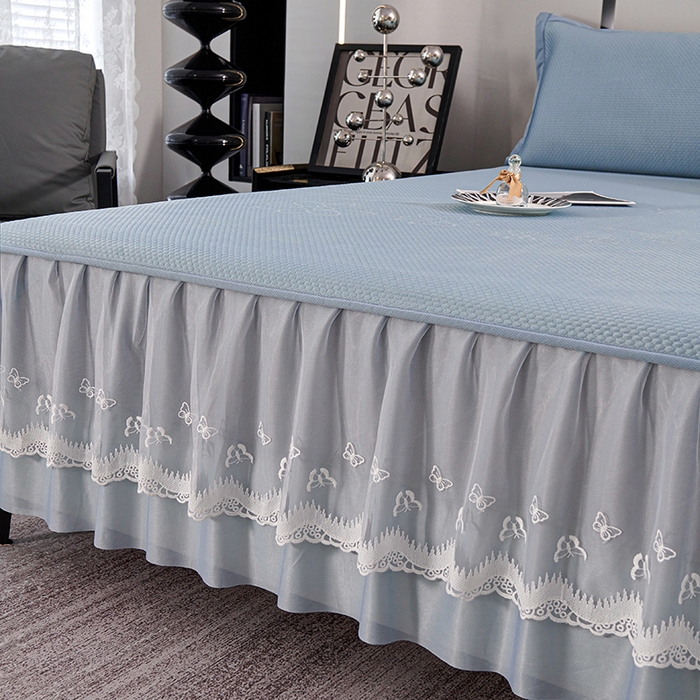 91家纺网 家纺一手货源 找家纺 梵克保罗 2025新款7A抗菌母婴级纯乙纶PE刺绣凉感丝豆豆席 床裙款 床裙款 浪花-蓝