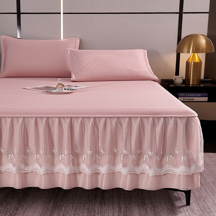 91家纺网 家纺一手货源 找家纺 梵克保罗 2025新款7A抗菌母婴级纯乙纶PE刺绣凉感丝豆豆席 床裙款 床裙款 浪花-粉