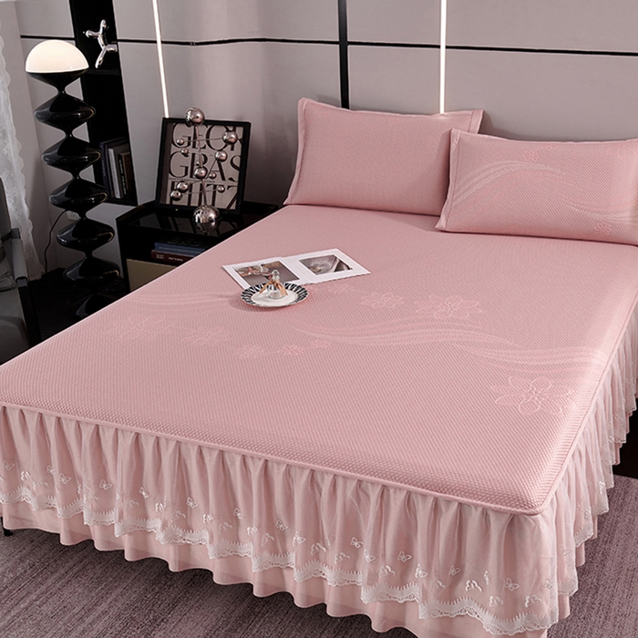 91家纺网 家纺一手货源 找家纺 梵克保罗 2025新款7A抗菌母婴级纯乙纶PE刺绣凉感丝豆豆席 床裙款 床裙款 浪花-粉