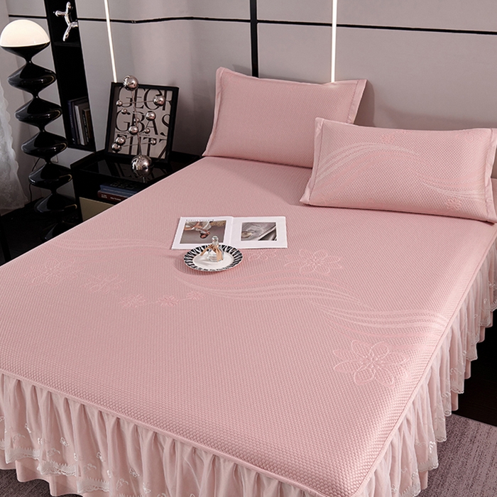 91家纺网 家纺一手货源 找家纺 梵克保罗 2025新款7A抗菌母婴级纯乙纶PE刺绣凉感丝豆豆席 床裙款 床裙款 浪花-粉