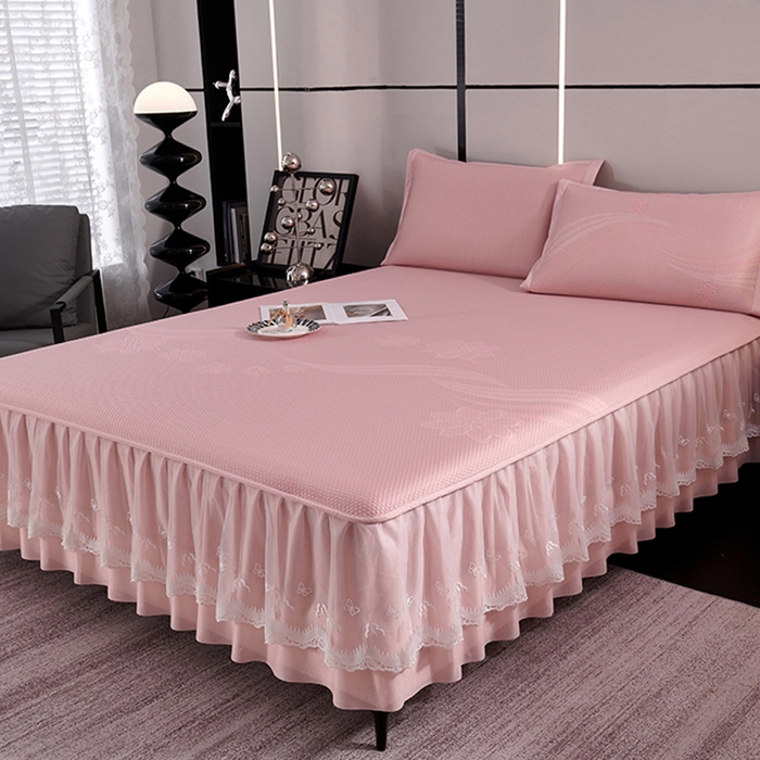 91家纺网 家纺一手货源 找家纺 梵克保罗 2025新款7A抗菌母婴级纯乙纶PE刺绣凉感丝豆豆席 床裙款 床裙款 浪花-粉